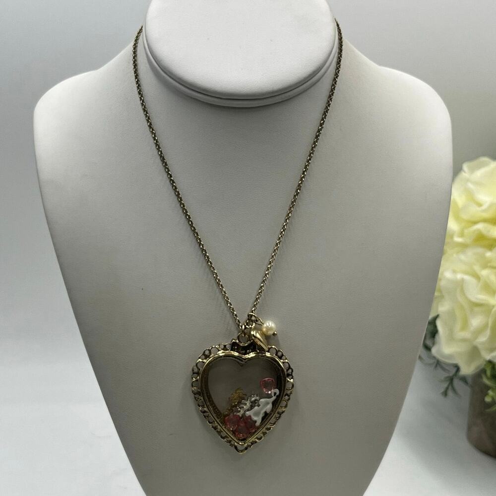 BETSEY JOHNSON‎ Vintage Kitty White Cat Meow Floating Charm Pearl Heart Necklace